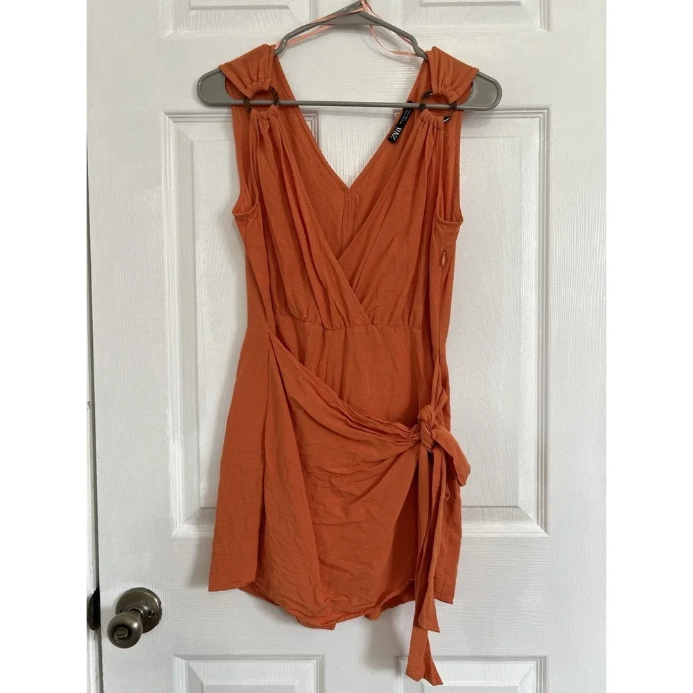 ZARA Orange Wrap Romper Ring Strap V Neck Tie Side Summer Vacation Resort Size S